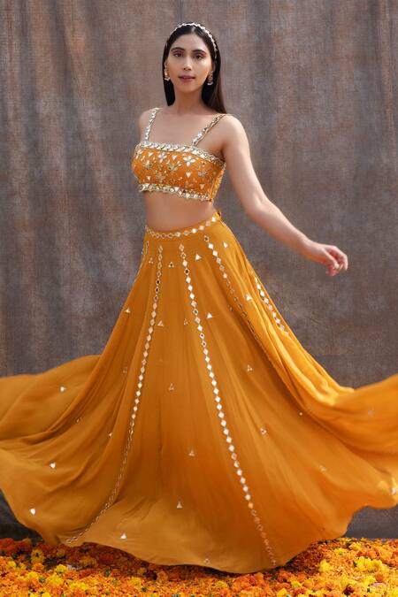 Buy_Silky Bindra_Yellow Net, Crepe, Shantoon Mirror, Nakshi Scoop Embellished Bridal Lehenga Set _Online_at_Aza_Fashions