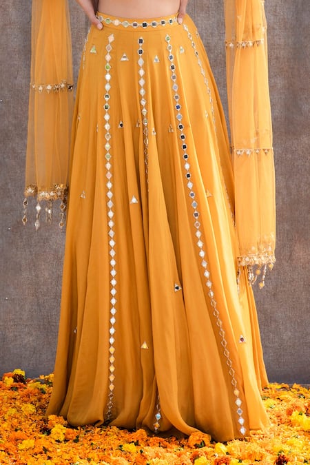 Silky Bindra_Yellow Net, Crepe, Shantoon Mirror, Nakshi Scoop Embellished Bridal Lehenga Set _at_Aza_Fashions