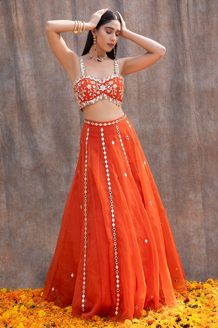 Buy_Silky Bindra_Orange Organza, Shantoon Mirror, Nakshi Sweetheart Neck Work Bridal Lehenga Set _Online_at_Aza_Fashions