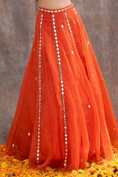 Silky Bindra_Orange Organza, Shantoon Mirror, Nakshi Sweetheart Neck Work Bridal Lehenga Set _at_Aza_Fashions
