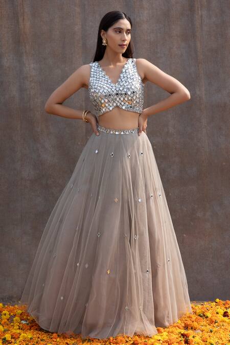 Silky Bindra Grey Net, Shantoon Mirror V Neck Embellished Bridal Lehenga Set Online at Aza Fashions Silky Bindra_Grey Net, Shantoon Mirror V Neck Embellished Bridal Lehenga Set _Online_at_Aza_Fashions