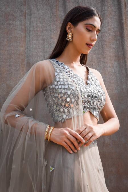 Buy Silky Bindra Grey Net, Shantoon Mirror V Neck Embellished Bridal Lehenga Set Online at Aza Fashions Buy_Silky Bindra_Grey Net, Shantoon Mirror V Neck Embellished Bridal Lehenga Set _Online_at_Aza_Fashions