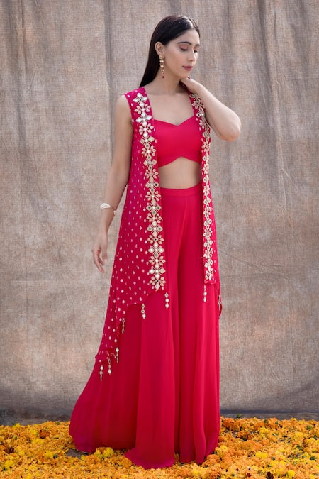 Silky Bindra Pink Georgette, Shantoon Mirror, Nakshi V Neck Embellished Cape And Pant Set Online at Aza Fashions Silky Bindra_Pink Georgette, Shantoon Mirror, Nakshi V Neck Embellished Cape And Pant Set _Online_at_Aza_Fashions