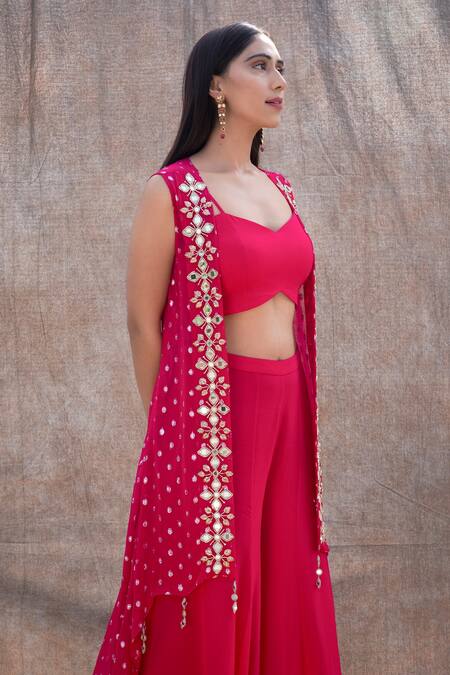 Buy Silky Bindra Pink Georgette, Shantoon Mirror, Nakshi V Neck Embellished Cape And Pant Set Online at Aza Fashions Buy_Silky Bindra_Pink Georgette, Shantoon Mirror, Nakshi V Neck Embellished Cape And Pant Set _Online_at_Aza_Fashions