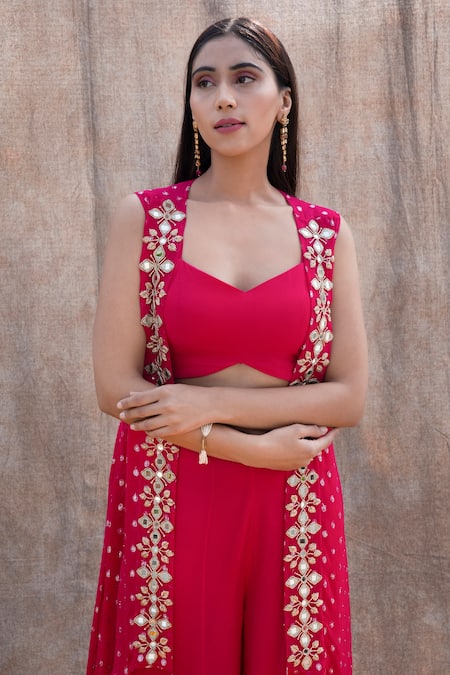 Shop Silky Bindra Pink Georgette, Shantoon Mirror, Nakshi V Neck Embellished Cape And Pant Set Online at Aza Fashions Shop_Silky Bindra_Pink Georgette, Shantoon Mirror, Nakshi V Neck Embellished Cape And Pant Set _Online_at_Aza_Fashions