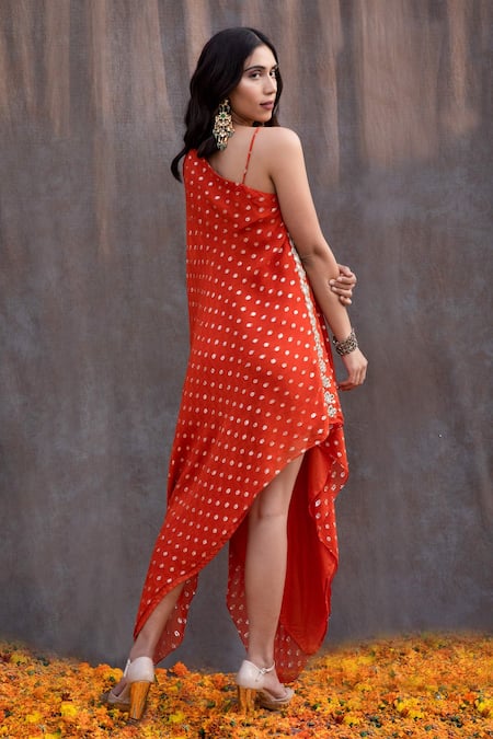 Shop Silky Bindra Orange Georgette, Shantoon Mirror V Neck One Shoulder Embellished Tunic at Aza Fashions Shop_Silky Bindra_Orange Georgette, Shantoon Mirror V Neck One Shoulder Embellished Tunic _at_Aza_Fashions