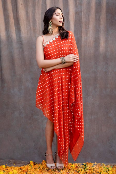 Silky Bindra Orange Georgette, Shantoon Mirror V Neck One Shoulder Embellished Tunic Online at Aza Fashions Silky Bindra_Orange Georgette, Shantoon Mirror V Neck One Shoulder Embellished Tunic _Online_at_Aza_Fashions