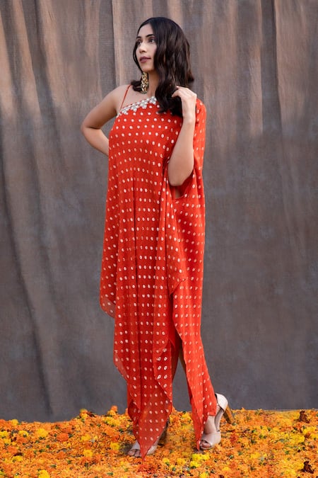 Buy Silky Bindra Orange Georgette, Shantoon Mirror V Neck One Shoulder Embellished Tunic Online at Aza Fashions Buy_Silky Bindra_Orange Georgette, Shantoon Mirror V Neck One Shoulder Embellished Tunic _Online_at_Aza_Fashions
