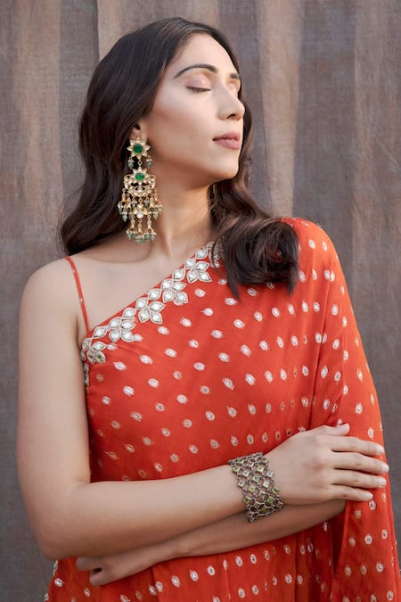 Shop Silky Bindra Orange Georgette, Shantoon Mirror V Neck One Shoulder Embellished Tunic Online at Aza Fashions Shop_Silky Bindra_Orange Georgette, Shantoon Mirror V Neck One Shoulder Embellished Tunic _Online_at_Aza_Fashions