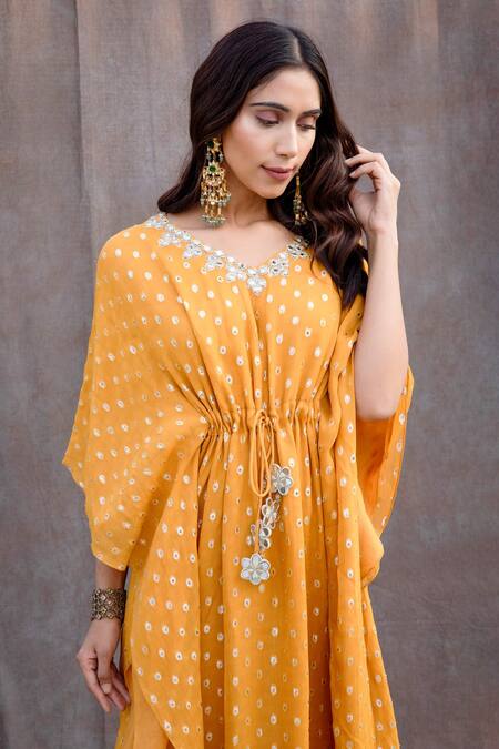 Silky Bindra Yellow Georgette, Shantoon Mirror V Neck Embellished Kaftan Online at Aza Fashions Silky Bindra_Yellow Georgette, Shantoon Mirror V Neck Embellished Kaftan _Online_at_Aza_Fashions