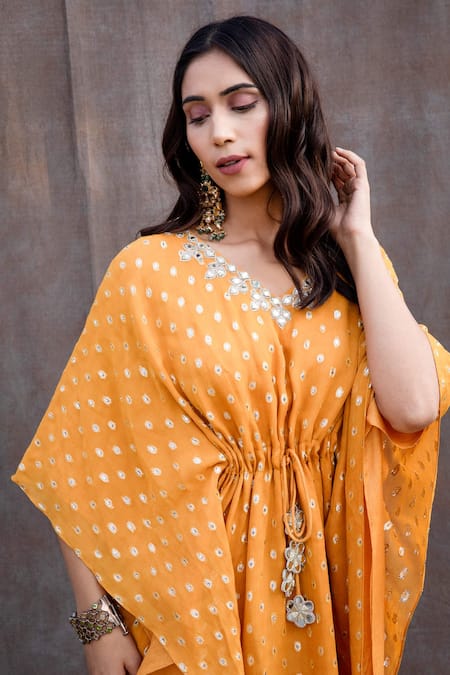 Buy Silky Bindra Yellow Georgette, Shantoon Mirror V Neck Embellished Kaftan Online at Aza Fashions Buy_Silky Bindra_Yellow Georgette, Shantoon Mirror V Neck Embellished Kaftan _Online_at_Aza_Fashions