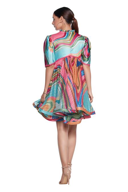 Shop Siddhartha Bansal Multi Color Satin Round Flared Printed Dress at Aza Fashions Shop_Siddhartha Bansal_Multi Color Satin Round Flared Printed Dress _at_Aza_Fashions