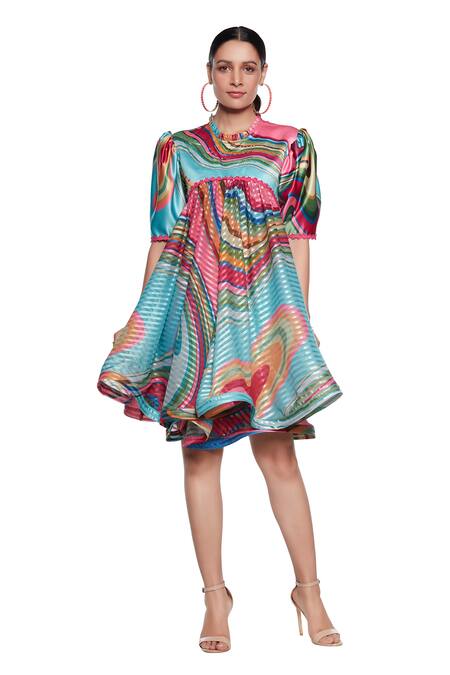 Siddhartha Bansal Multi Color Satin Round Flared Printed Dress Online at Aza Fashions Siddhartha Bansal_Multi Color Satin Round Flared Printed Dress _Online_at_Aza_Fashions
