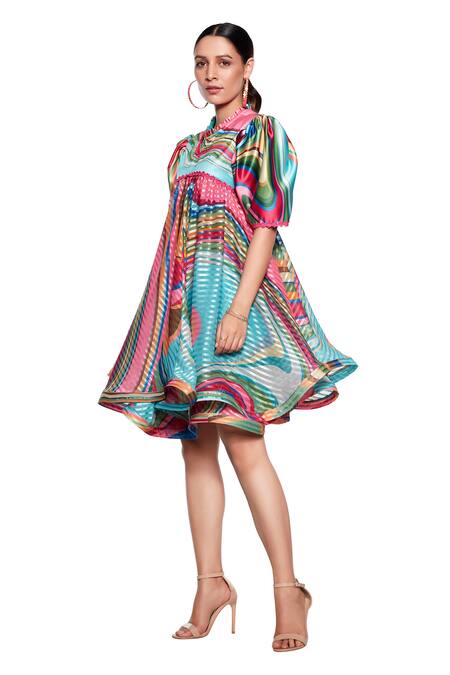 Buy Siddhartha Bansal Multi Color Satin Round Flared Printed Dress Online at Aza Fashions Buy_Siddhartha Bansal_Multi Color Satin Round Flared Printed Dress _Online_at_Aza_Fashions