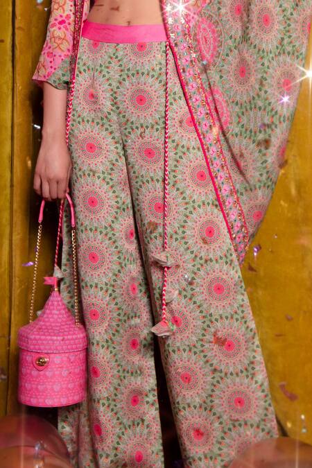 Siddhartha Bansal_Green Linen Satin Printed Pants _at_Aza_Fashions