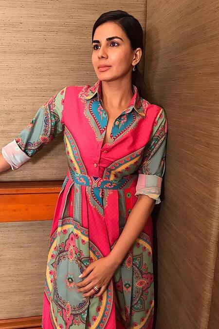 Shop_Siddhartha Bansal_Pink Ming Crepe Shirt Collar Pleated Dress_Online_at_Aza_Fashions