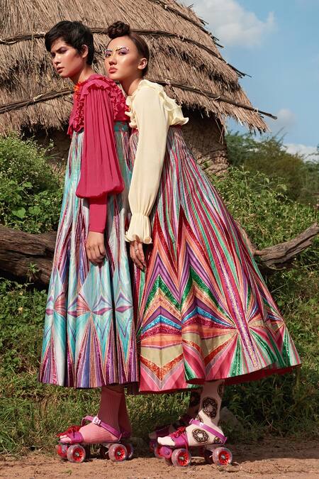 Siddhartha Bansal_Multi Color Dupion Printed Stripe Flared Skirt _Online_at_Aza_Fashions