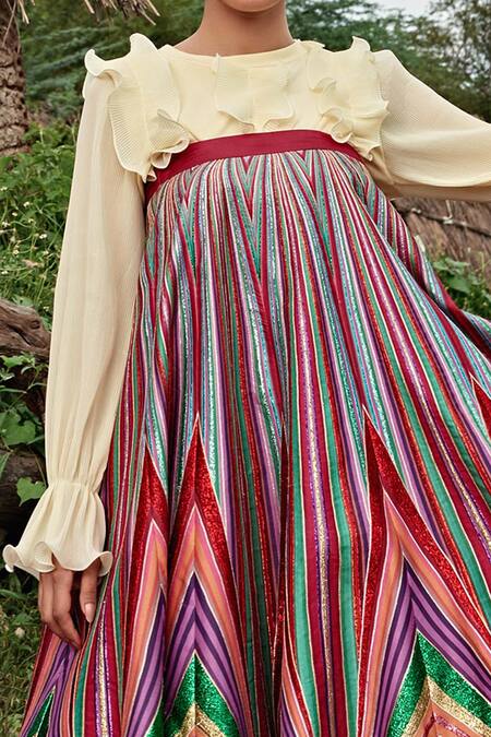 Buy_Siddhartha Bansal_Multi Color Dupion Printed Stripe Flared Skirt _Online_at_Aza_Fashions