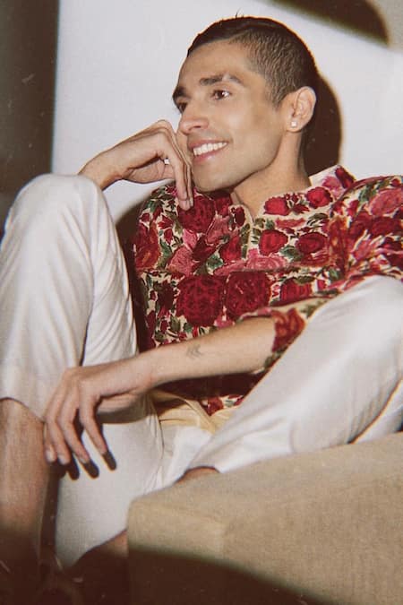 Varun Bahl_Maroon Silk, Modal Dupion Resham Thread Embroidery Floral Sherwani Set _Online_at_Aza_Fashions