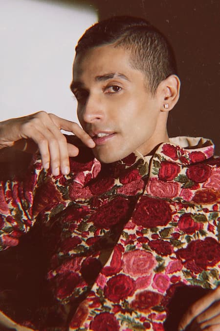 Shop_Varun Bahl_Maroon Silk, Modal Dupion Resham Thread Embroidery Floral Sherwani Set _Online_at_Aza_Fashions