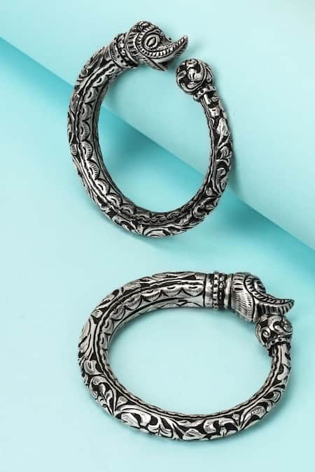 Sangeeta Boochra Silver Plated Textured Carved Bracelets Set Of 2 