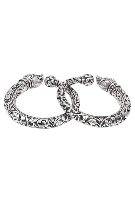 Shop_Sangeeta Boochra_Silver Plated Textured Carved Bracelets Set Of 2 _at_Aza_Fashions
