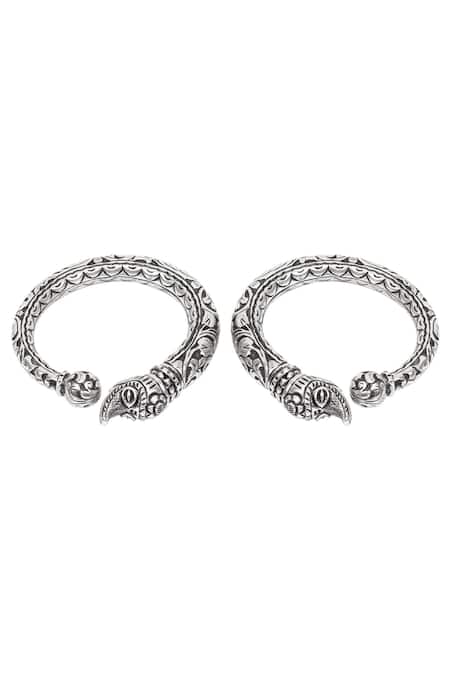 Sangeeta Boochra_Silver Plated Textured Carved Bracelets Set Of 2 _Online_at_Aza_Fashions