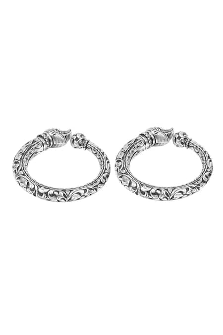 Shop_Sangeeta Boochra_Silver Plated Textured Carved Bracelets Set Of 2 _Online_at_Aza_Fashions