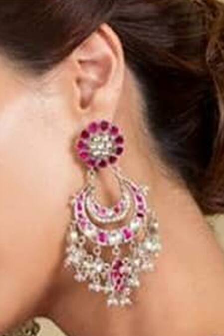 Sangeeta Boochra_Silver Plated Beads Kundan Floral Chandbalis _at_Aza_Fashions