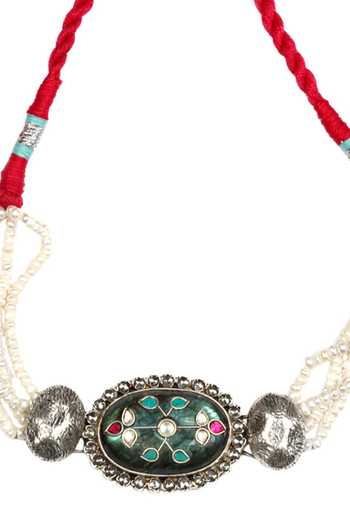 Sangeeta Boochra_Silver Plated Kundan Labradorite Choker _Online_at_Aza_Fashions