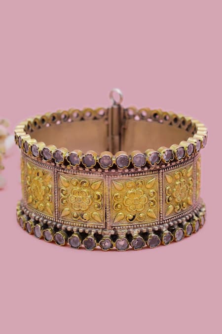 Sangeeta Boochra X Deme Gold Plated Stones Fareena Carved Floral Bracelet 