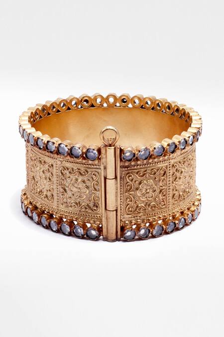 Shop_Sangeeta Boochra X Deme_Gold Plated Stones Etty Carved Floral Bracelet _at_Aza_Fashions