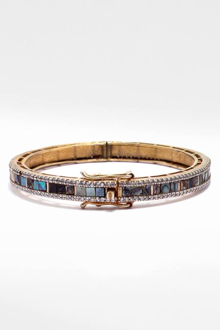 Shop_Sangeeta Boochra X Deme_Gold Plated Mother Of Pearls And Stones Elaheh Embellished Bracelet _at_Aza_Fashions