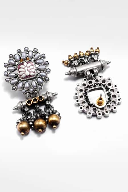 Shop_Sangeeta Boochra X Deme_Silver Plated Pearls Leila Dangler Earrings _at_Aza_Fashions
