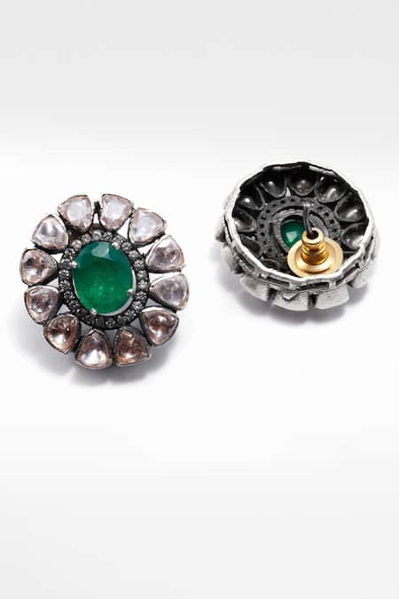 Shop_Sangeeta Boochra X Deme_Silver Plated Moissanite Gemstones And Onyx Mahnaz Embellished Studs _at_Aza_Fashions