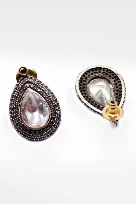 Shop_Sangeeta Boochra X Deme_Silver Plated Moissanite Gemstones Meesha Drop Earrings _at_Aza_Fashions