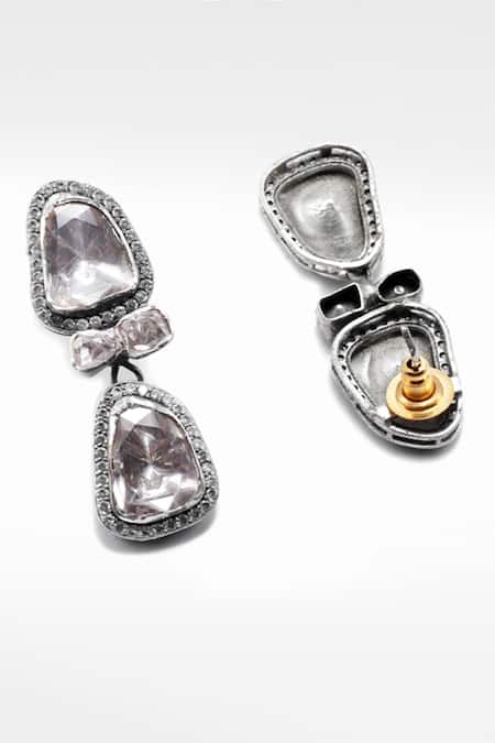 Shop_Sangeeta Boochra X Deme_Silver Plated Moissanite Gemstones Mahroz Dangler Earrings _at_Aza_Fashions
