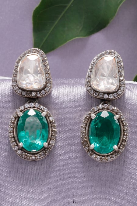 Shop Sangeeta Boochra X Deme Silver Plated Diamonds, Stones Rukhsar Dangler Earrings Online at Aza Fashions Shop_Sangeeta Boochra X Deme_Silver Plated Diamonds, Stones Rukhsar Dangler Earrings _Online_at_Aza_Fashions