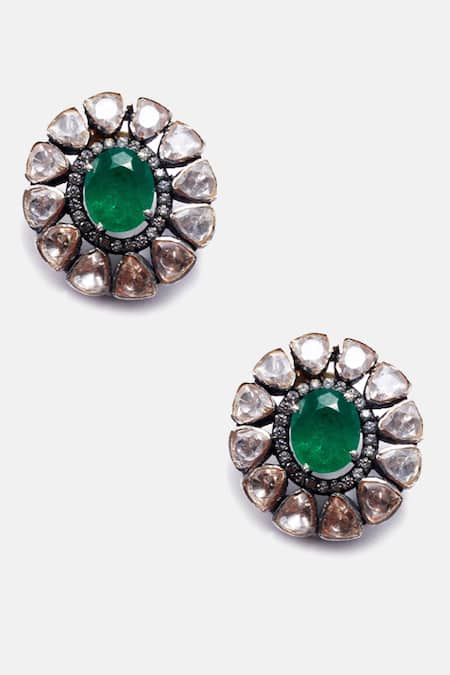 Sangeeta Boochra X Deme_Silver Plated Moissanite Gemstones And Onyx Mahnaz Embellished Studs _Online_at_Aza_Fashions
