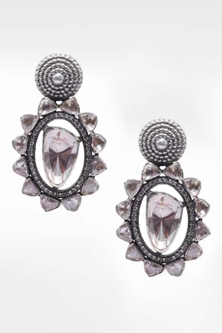Sangeeta Boochra X Deme_Silver Plated Moissanite Gemstones Mahtab Dangler Earrings _Online_at_Aza_Fashions