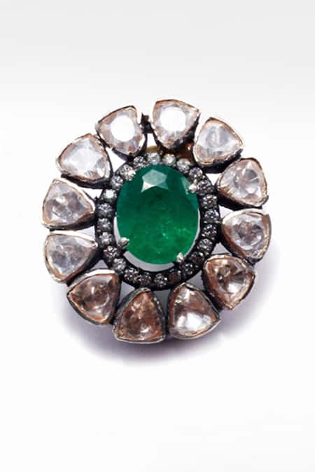 Buy_Sangeeta Boochra X Deme_Silver Plated Moissanite Gemstones And Onyx Mahnaz Embellished Studs _Online_at_Aza_Fashions