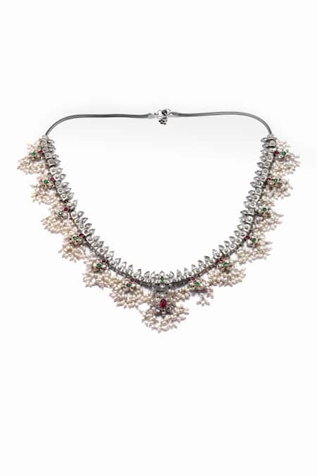 Shop Sangeeta Boochra X Deme Silver Plated Daria Pearl Necklace at Aza Fashions Shop_Sangeeta Boochra X Deme_Silver Plated Daria Pearl Necklace _at_Aza_Fashions