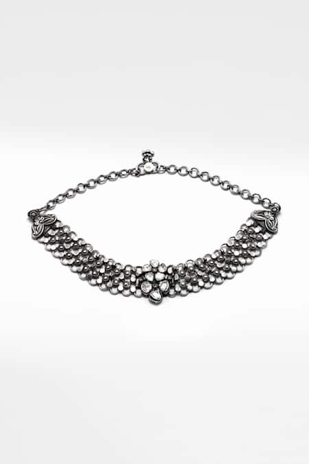 Shop_Sangeeta Boochra X Deme_Silver Plated Moissanite Bano Handcrafted Necklace _at_Aza_Fashions