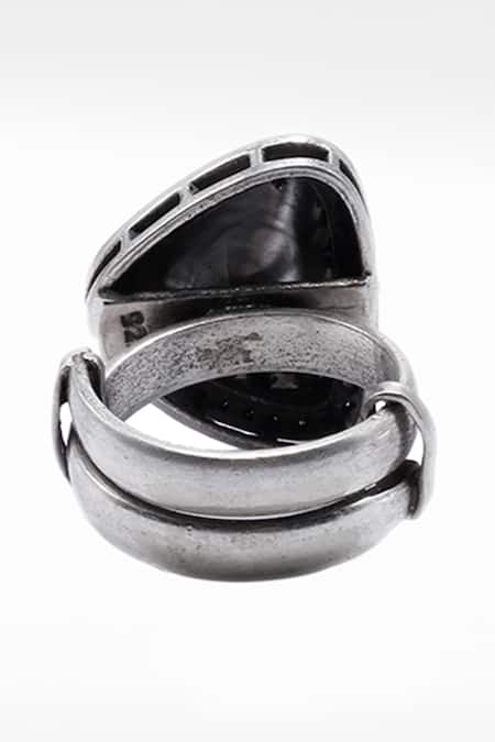 Shop_Sangeeta Boochra X Deme_Silver Plated Moissanite Gemstones Heer Embellished Ring _at_Aza_Fashions