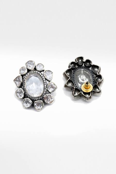 Shop_Sangeeta Boochra X Deme_Silver Plated Moissanite Gemstones Shiva Embellished Stud Earrings _at_Aza_Fashions