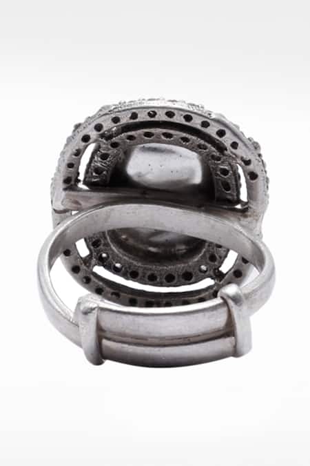 Shop_Sangeeta Boochra X Deme_Silver Plated Moissanite Gemstones Parvana Embellished Ring _at_Aza_Fashions