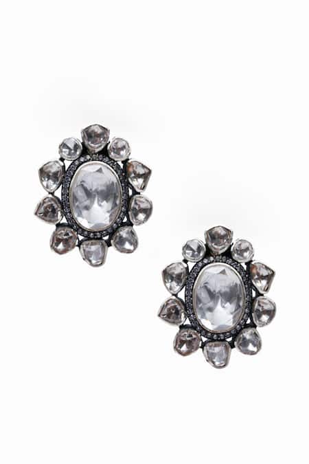 Sangeeta Boochra X Deme_Silver Plated Moissanite Gemstones Shiva Embellished Stud Earrings _Online_at_Aza_Fashions