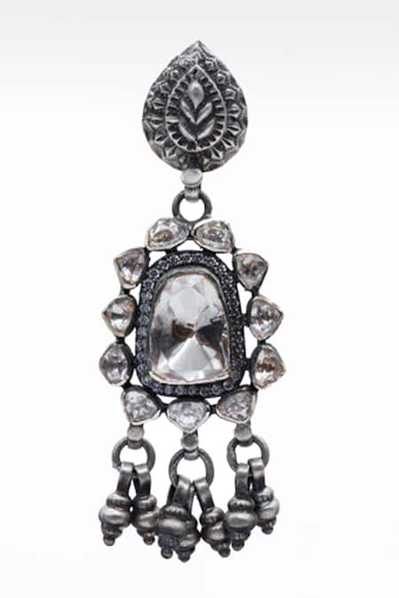 Buy_Sangeeta Boochra X Deme_Silver Plated Moissanite Gemstones Shahwar Embellished Earrings _Online_at_Aza_Fashions
