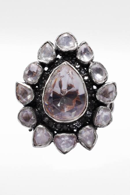 Sangeeta Boochra X Deme_Silver Plated Moissanite Gemstones Oldooz Embellished Ring _Online_at_Aza_Fashions