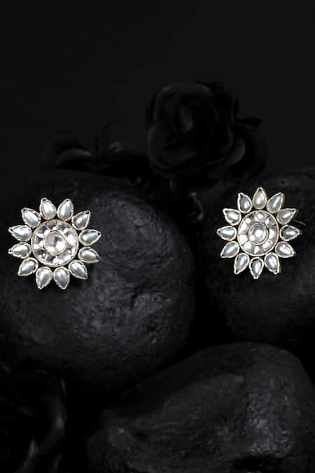 Buy_Sangeeta Boochra_Silver Plated Stones Floral Motif Stud Earrings _Online_at_Aza_Fashions